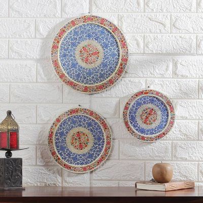 Alternate image for Set of 3 Painted Floral Round Blue and Red Wood Wall Accents Elysium Portals