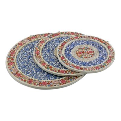 Alternate image for Set of 3 Painted Floral Round Blue and Red Wood Wall Accents Elysium Portals