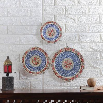 Alternate image for Set of 3 Painted Floral Round Blue and Red Wood Wall Accents Elysium Portals