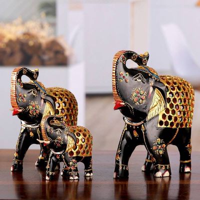 Primary image for 3 Elephant-Shaped Jali Hand-Carved Painted Wood Sculptures The Regal Parade