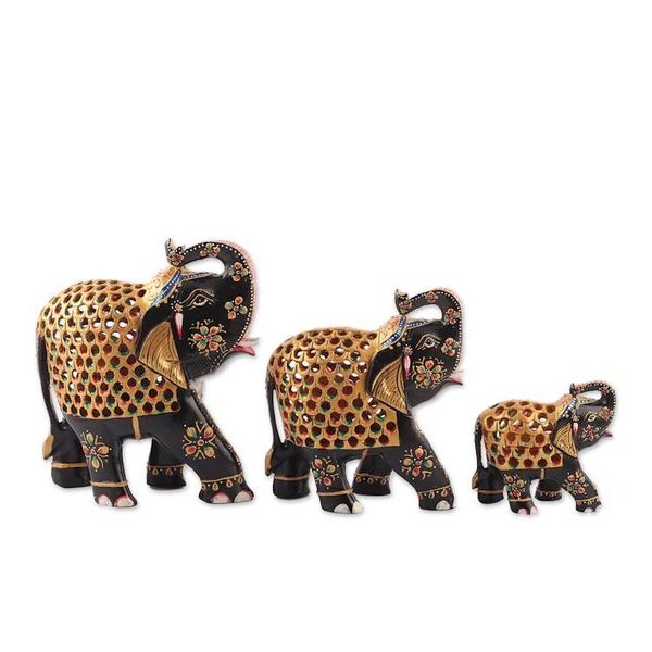 Alternate image for 3 Elephant-Shaped Jali Hand-Carved Painted Wood Sculptures The Regal Parade