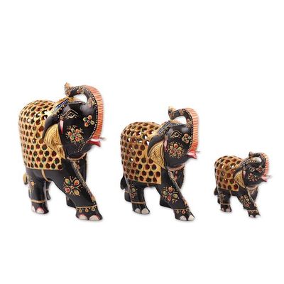 Alternate image for 3 Elephant-Shaped Jali Hand-Carved Painted Wood Sculptures The Regal Parade