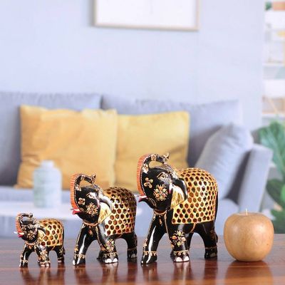 Alternate image for 3 Elephant-Shaped Jali Hand-Carved Painted Wood Sculptures The Regal Parade