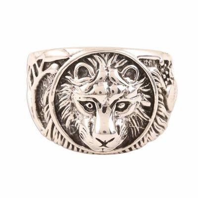 Alternate image for Mens Lion-Themed Sterling Silver Ring from India Lion Window