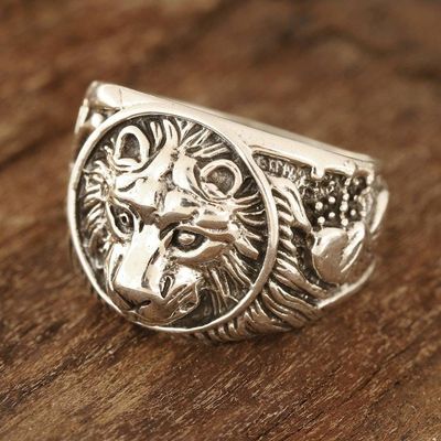 Alternate image for Mens Lion-Themed Sterling Silver Ring from India Lion Window