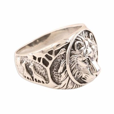 Alternate image for Mens Lion-Themed Sterling Silver Ring from India Lion Window
