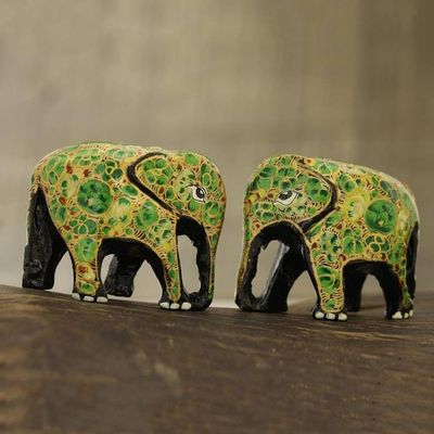 Primary image for Green Floral Papier Mache Elephant Figurines Pair Green Flower Friends