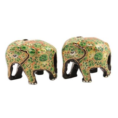 Alternate image for Green Floral Papier Mache Elephant Figurines Pair Green Flower Friends