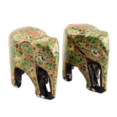 Alternate image for Green Floral Papier Mache Elephant Figurines Pair Green Flower Friends