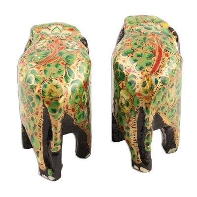Alternate image for Green Floral Papier Mache Elephant Figurines Pair Green Flower Friends
