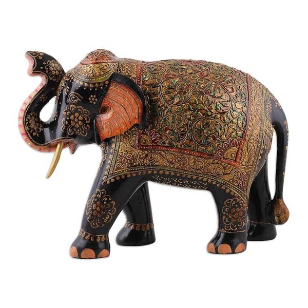 Alternate image for Hand-Painted Leafy and Floral Elephant Neem Wood Sculpture Royal Embodiment