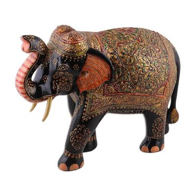Alternate image for Hand-Painted Leafy and Floral Elephant Neem Wood Sculpture Royal Embodiment