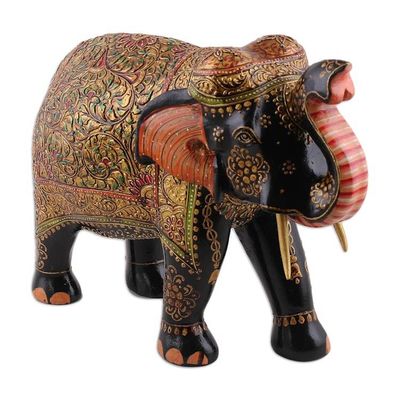 Alternate image for Hand-Painted Leafy and Floral Elephant Neem Wood Sculpture Royal Embodiment