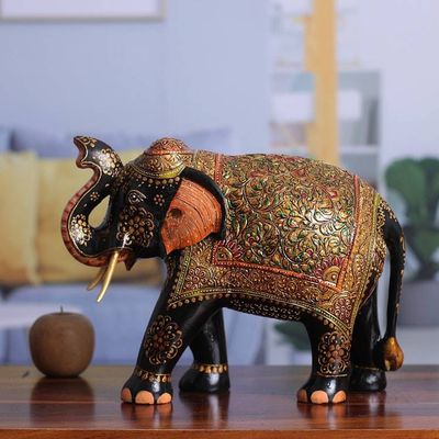 Alternate image for Hand-Painted Leafy and Floral Elephant Neem Wood Sculpture Royal Embodiment