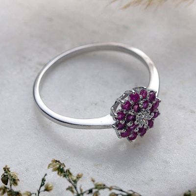 Primary image for Artisan-Crafted Floral Rhodium-Plated Ruby Cocktail Ring Petal Soft in Pink