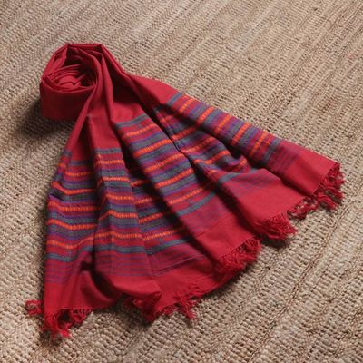 Primary image for Handwoven 100 Cotton Fringed Shawl in a Candy Apple Red Hue Candy Apple Ways