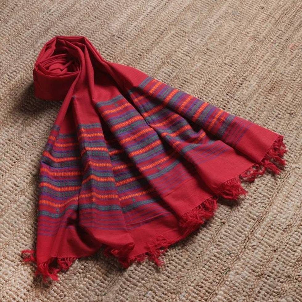 Handwoven 100 Cotton Fringed Shawl in a Candy Apple Red Hue 'Candy Apple Ways'