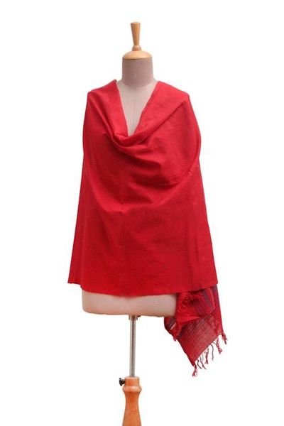Alternate image for Handwoven 100 Cotton Fringed Shawl in a Candy Apple Red Hue Candy Apple Ways