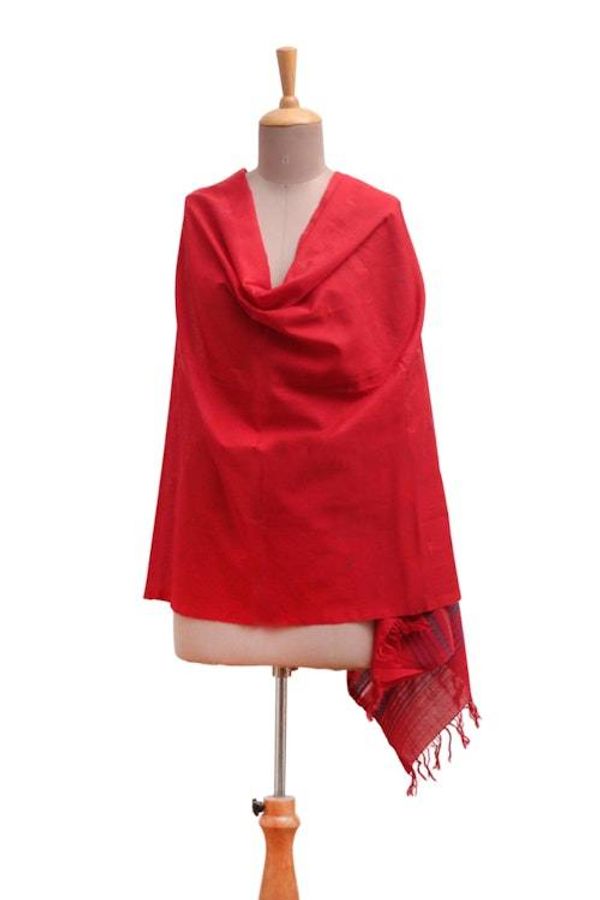 Alternate image for Handwoven 100 Cotton Fringed Shawl in a Candy Apple Red Hue Candy Apple Ways