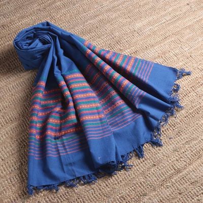 Primary image for Artisan-Made 100 Cotton Fringed Shawl in Sapphire Blue Hues Sapphire Ways