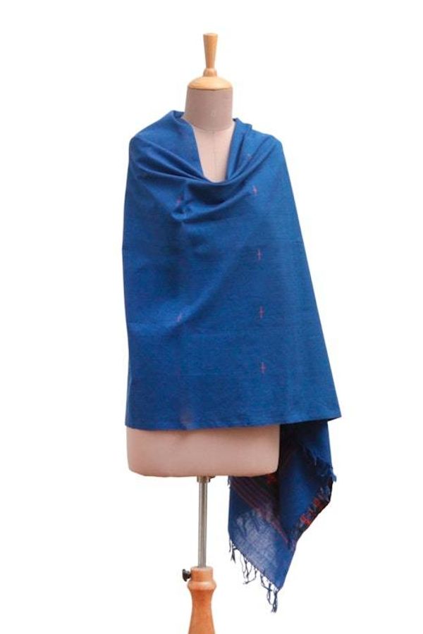 Alternate image for Artisan-Made 100 Cotton Fringed Shawl in Sapphire Blue Hues Sapphire Ways