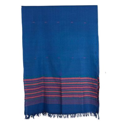 Alternate image for Artisan-Made 100 Cotton Fringed Shawl in Sapphire Blue Hues Sapphire Ways