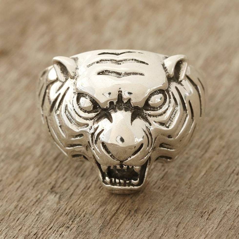 Men's Sterling Silver Tiger Ring Crafted in India 'Ferocious Tiger'