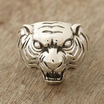 Primary image for Mens Sterling Silver Tiger Ring Crafted in India Ferocious Tiger