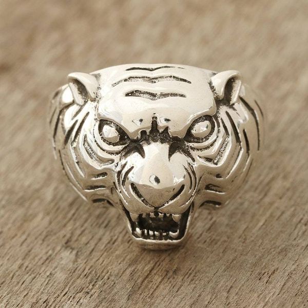 Alternate image for Mens Sterling Silver Tiger Ring Crafted in India Ferocious Tiger