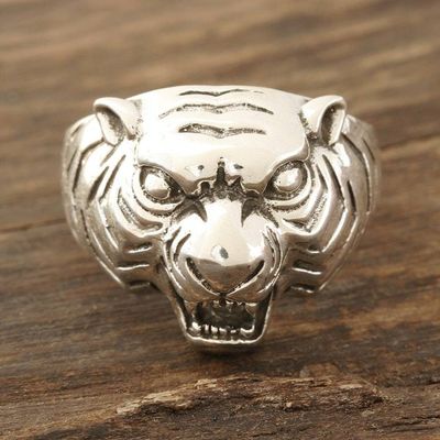 Alternate image for Mens Sterling Silver Tiger Ring Crafted in India Ferocious Tiger