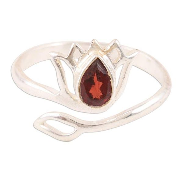 Alternate image for Garnet and Sterling Silver Lotus Wrap Ring from India Radiant Lotus