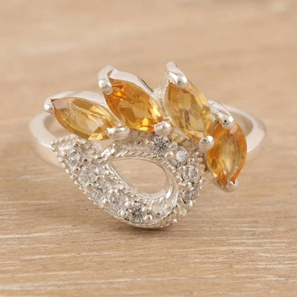 Citrine and Cubic Zirconia Cocktail Ring from India 'Sun Dazzle'