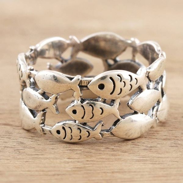 Alternate image for Handmade Sterling Silver Fish-Motif Band Ring Fish School