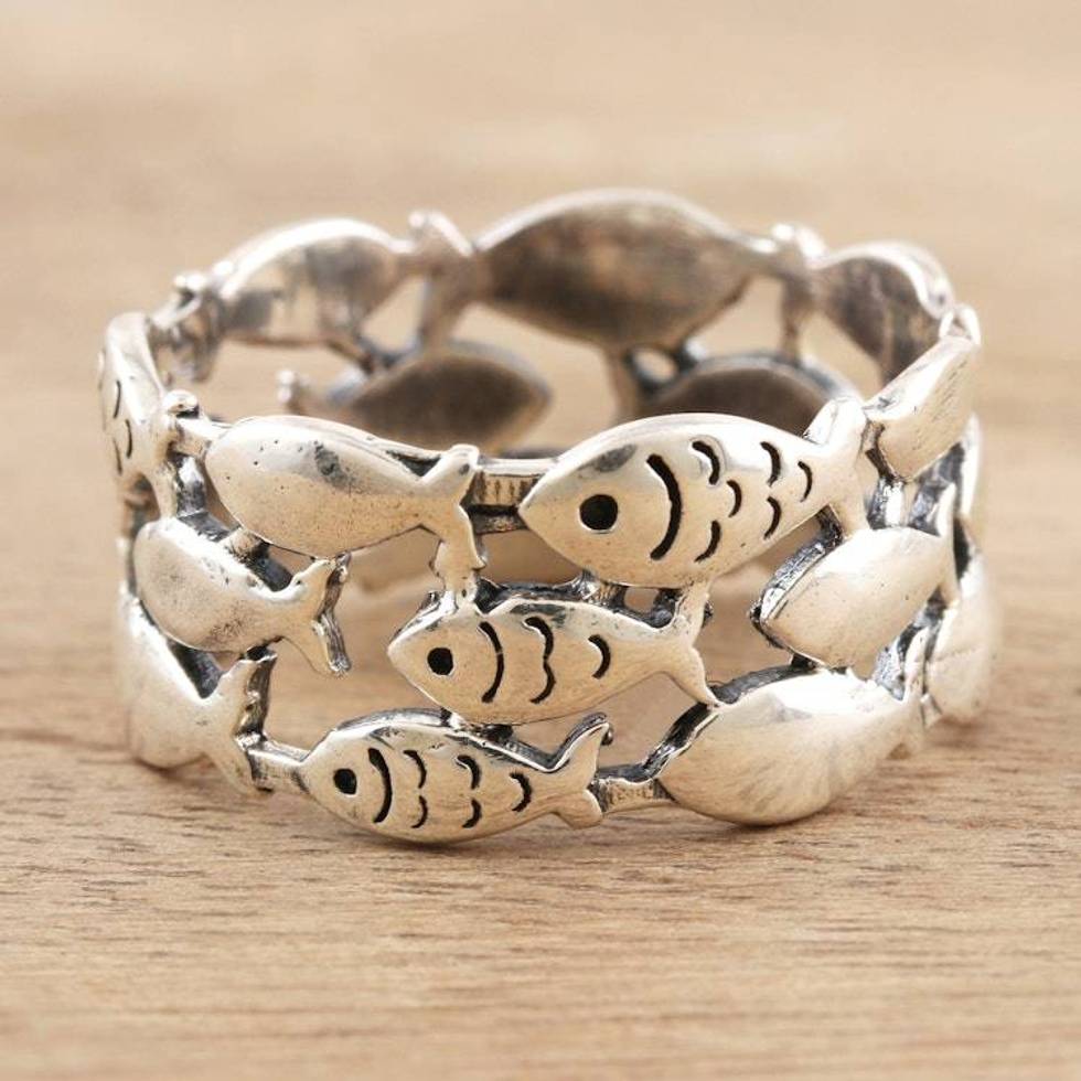 Handmade Sterling Silver Fish-Motif Band Ring 'Fish School'