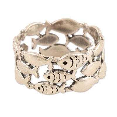 Alternate image for Handmade Sterling Silver Fish-Motif Band Ring Fish School