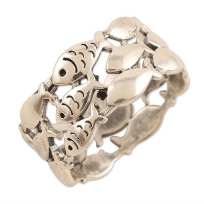 Alternate image for Handmade Sterling Silver Fish-Motif Band Ring Fish School