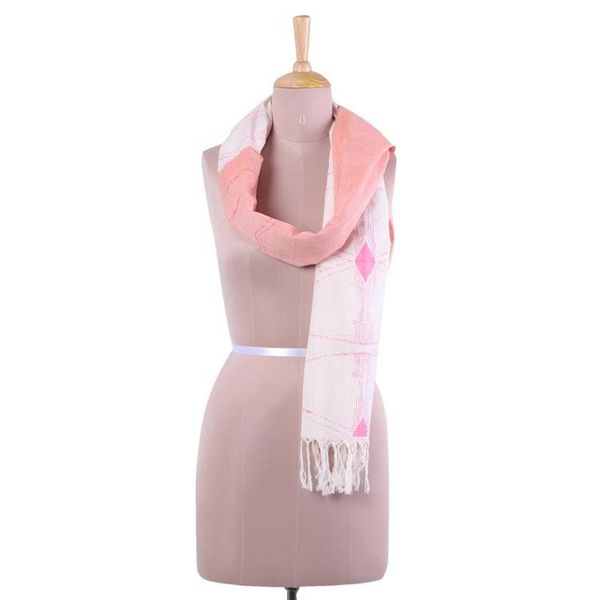 Alternate image for Hand Woven Peach and Off White Cotton Scarf from India Ebullient in Peach