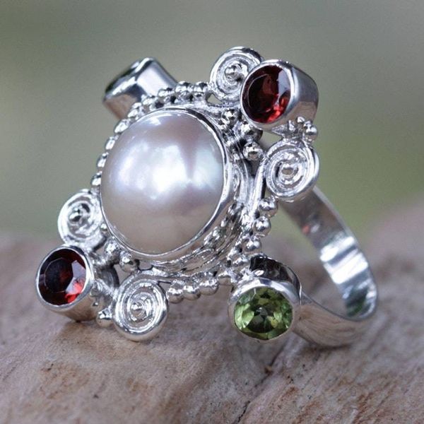 Alternate image for Artisan Crafted Cultured Pearl and Garnet Ring with Peridot Moon and Stars