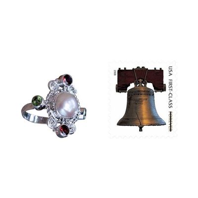 Alternate image for Artisan Crafted Cultured Pearl and Garnet Ring with Peridot Moon and Stars