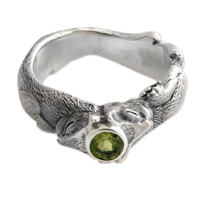 Alternate image for Unique Sterling Silver and Peridot Cat Ring Dreams of a Cat