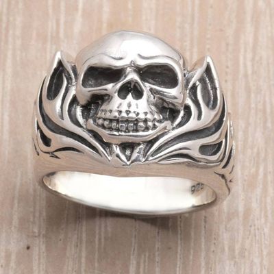 Alternate image for Mens Handmade Sterling Silver Ring Skull of Fire