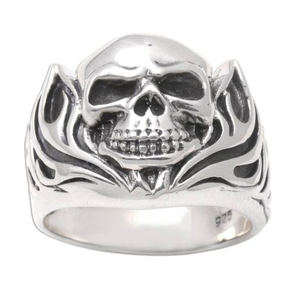 Alternate image for Mens Handmade Sterling Silver Ring Skull of Fire