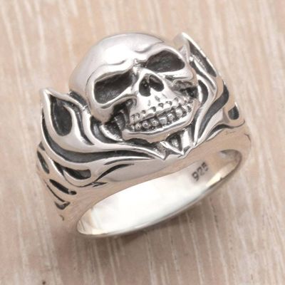Alternate image for Mens Handmade Sterling Silver Ring Skull of Fire