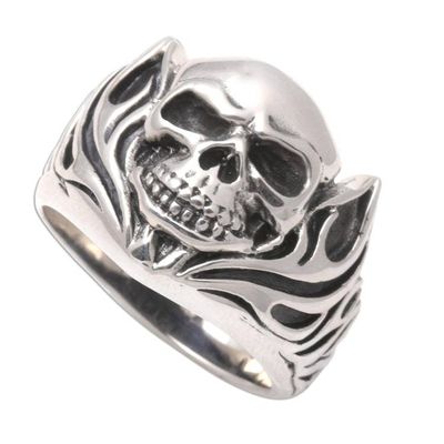 Alternate image for Mens Handmade Sterling Silver Ring Skull of Fire