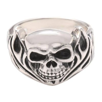Alternate image for Mens Handmade Sterling Silver Ring Skull of Fire