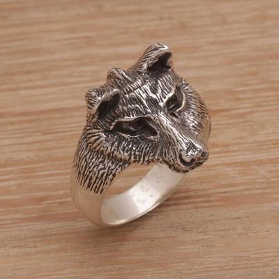 Alternate image for Mens Sterling Silver and Garnet Wolf Ring from Bali Wolfs Gaze