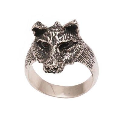 Alternate image for Mens Sterling Silver and Garnet Wolf Ring from Bali Wolfs Gaze