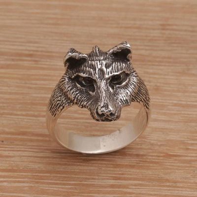 Alternate image for Mens Sterling Silver and Garnet Wolf Ring from Bali Wolfs Gaze