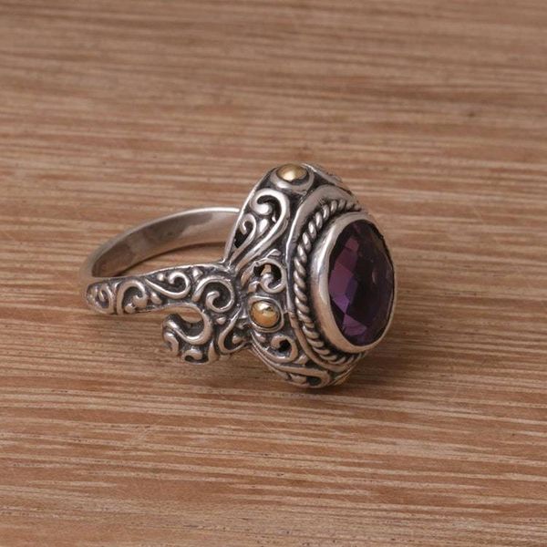Alternate image for Handmade 925 Sterling Silver Gold Plated Amethyst Ring Peaceful Amethyst