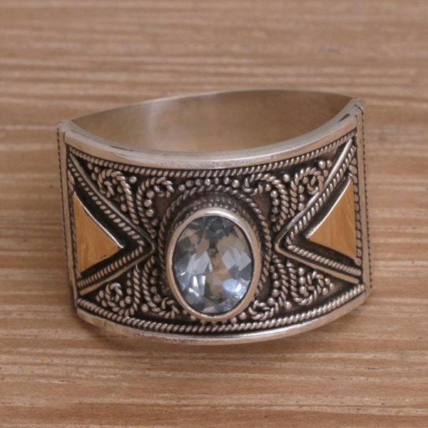 Alternate image for Blue Topaz Sterling Silver Cocktail Ring with Gold Accent Inquisitive